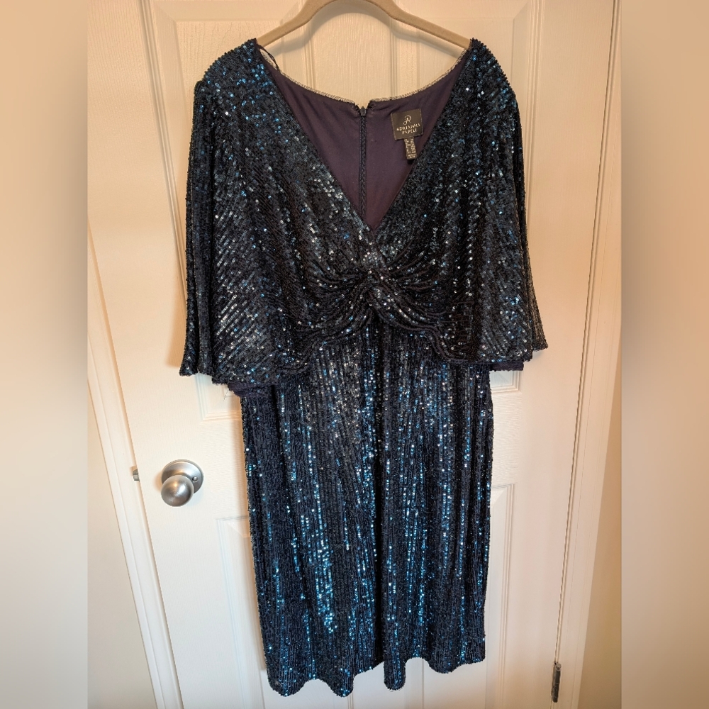 Adrianna Papell Blue Sequin V-Neck Dress